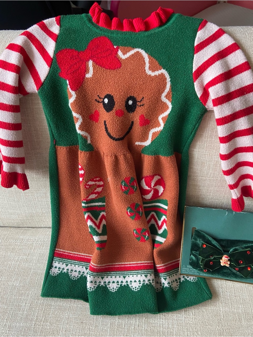 Gingerbread Christmas Sweater Dress with matching green Bow